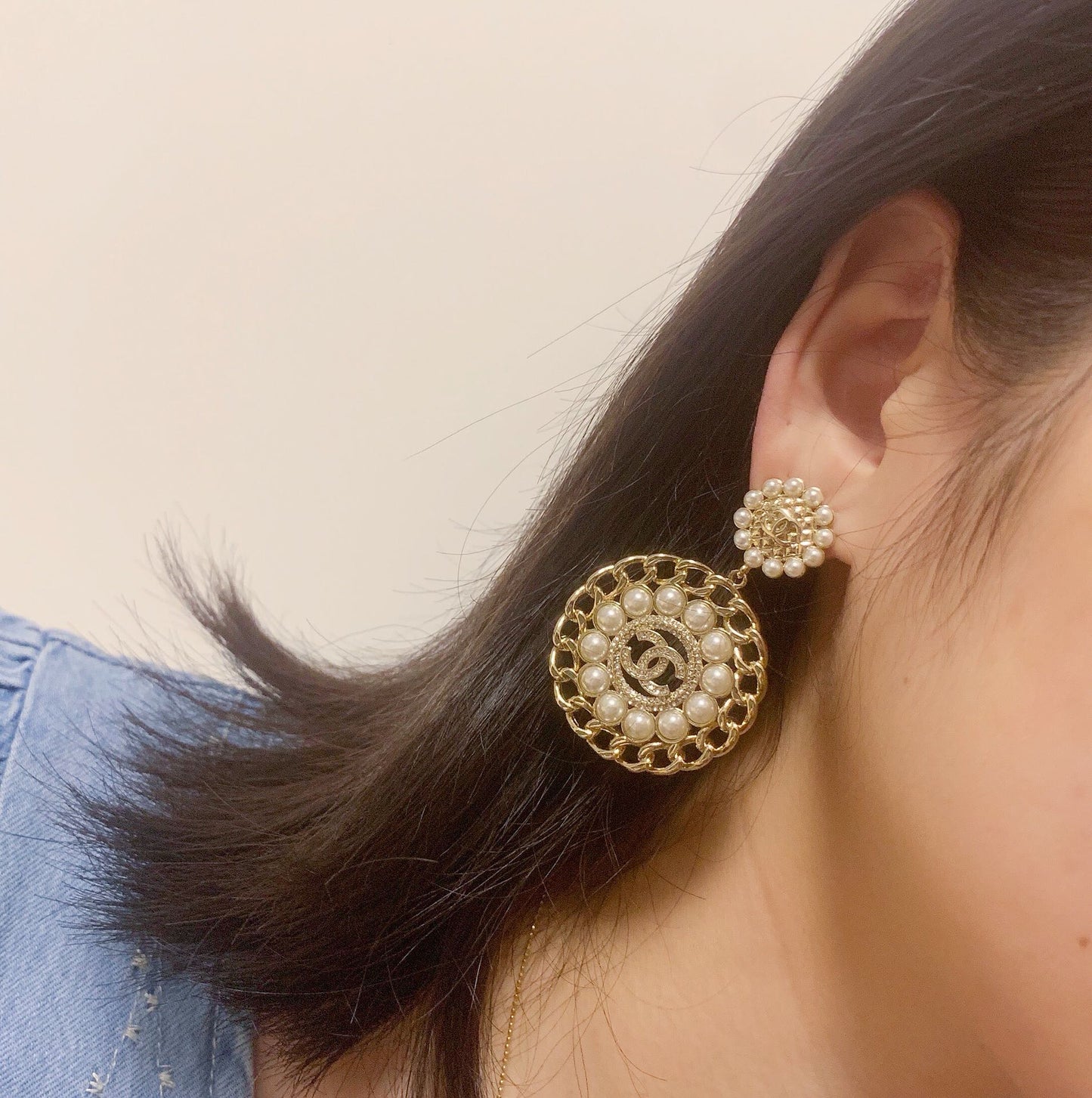 Pendientes de Perlas con Cadena a Rayas