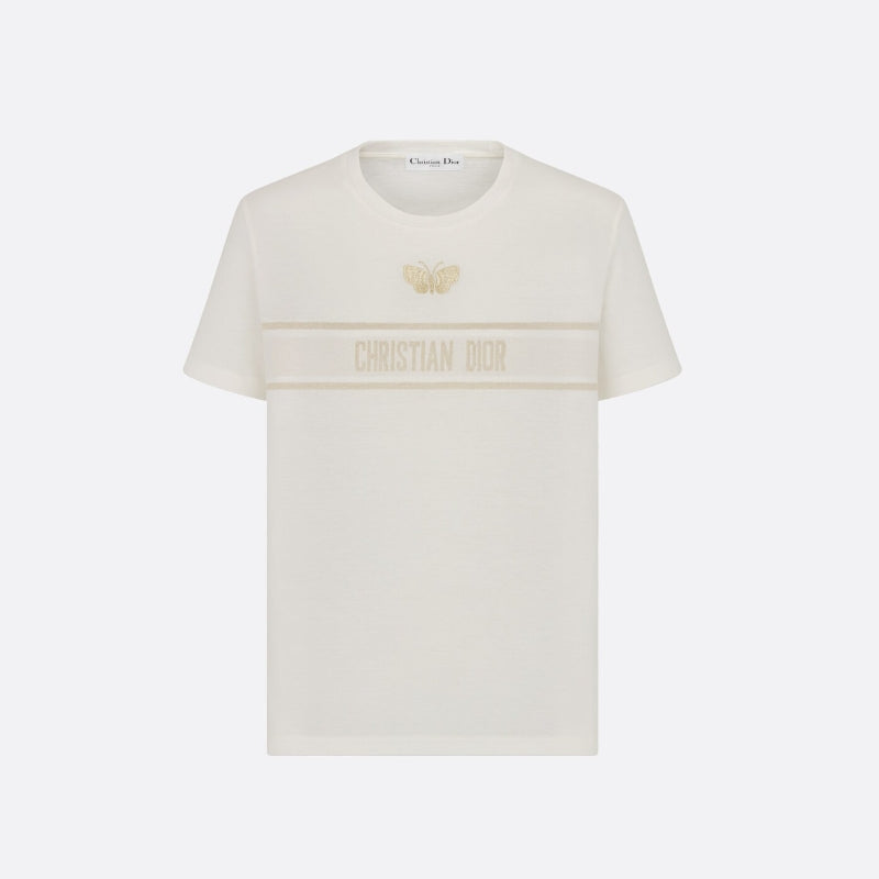 Camiseta con mariposa bordada y logo en tono dorado