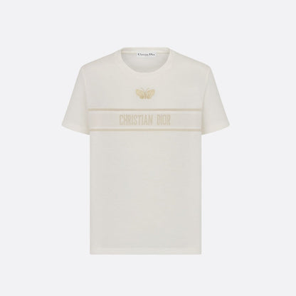 Camiseta con mariposa bordada y logo en tono dorado