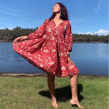 Robe Courte Hawa Rouge Rose Indienne