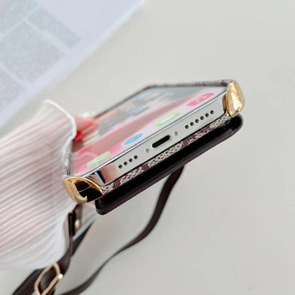 Funda tipo Cartera con Borde Dorado y Correa para Hombro