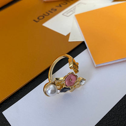 Anillo Abierto de Moda con Perlas y Flores